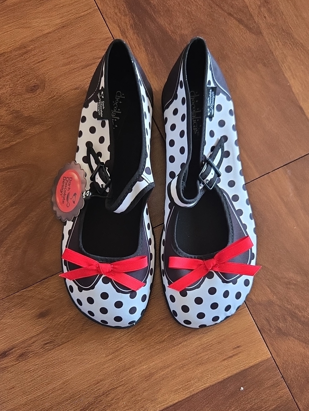 Hot Chocolate Design Black & White Polka Mary Jane Shoes with Red Bow Sz 38/8